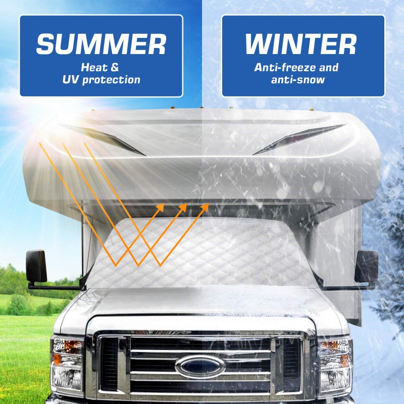 BougeRV RV Windshield Window Snow Cover for Class C Ford E450 1997-2025 Motorhome, Windshield Cover for Ice and Snow RV Front Window Sunshade Cover RV Accessories 4 Layers with Mirror Cutouts Silver - Image 3
